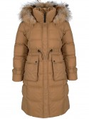 Puchowy zimowy płaszcz damski z kapturem obszytym futrem