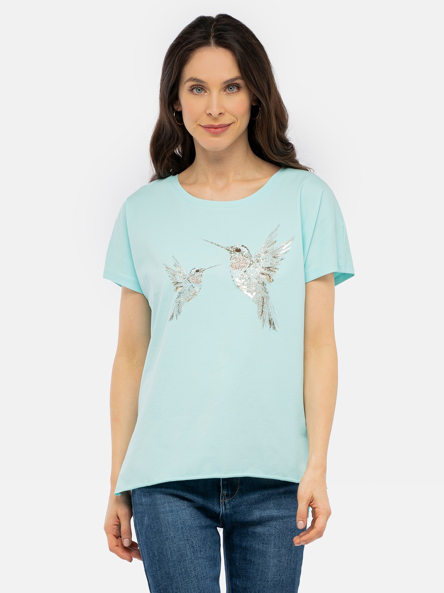 T-shirt damski z błyszczącym nadrukiem kolibra