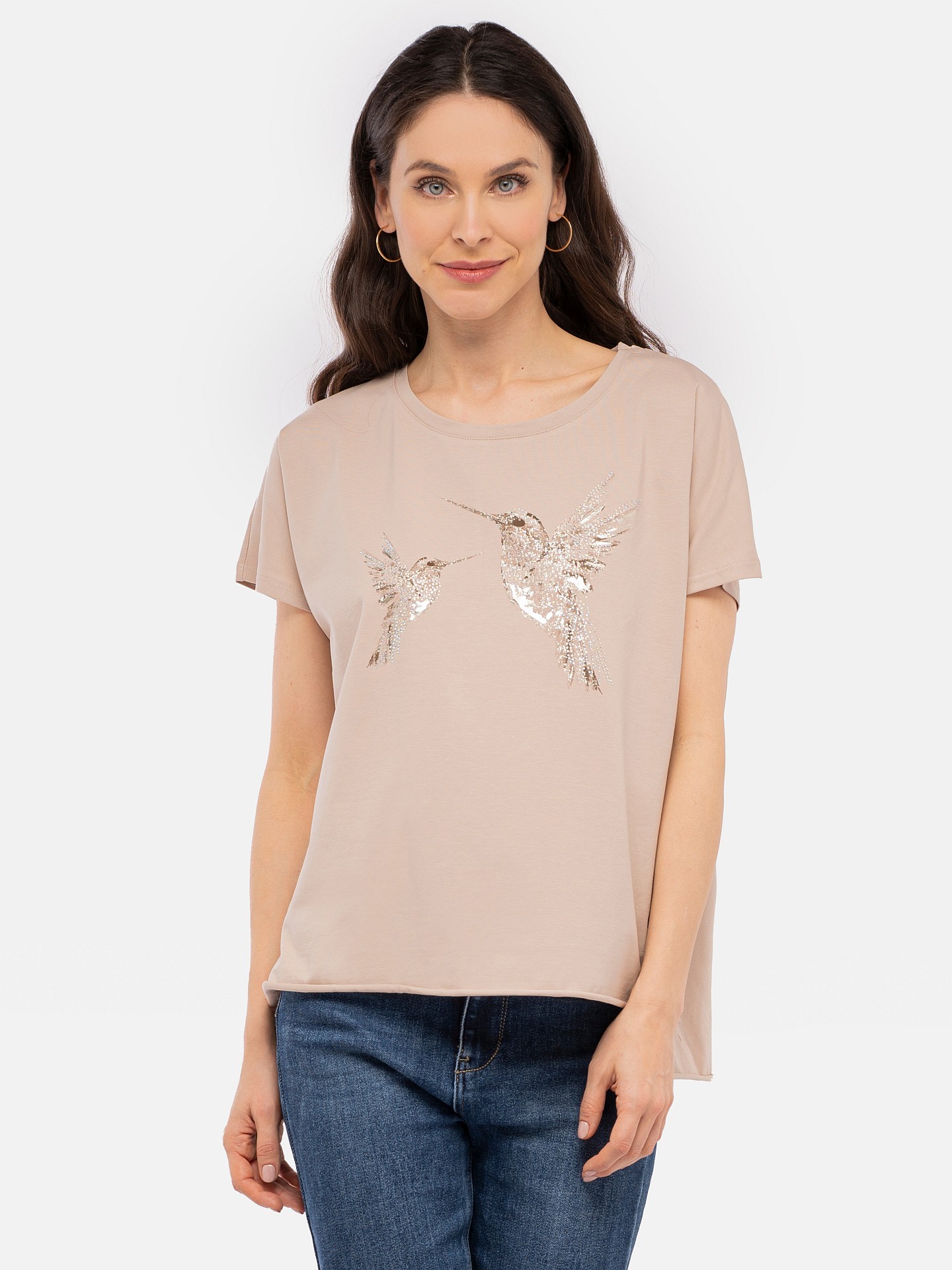 T-shirt damski z błyszczącym nadrukiem kolibra